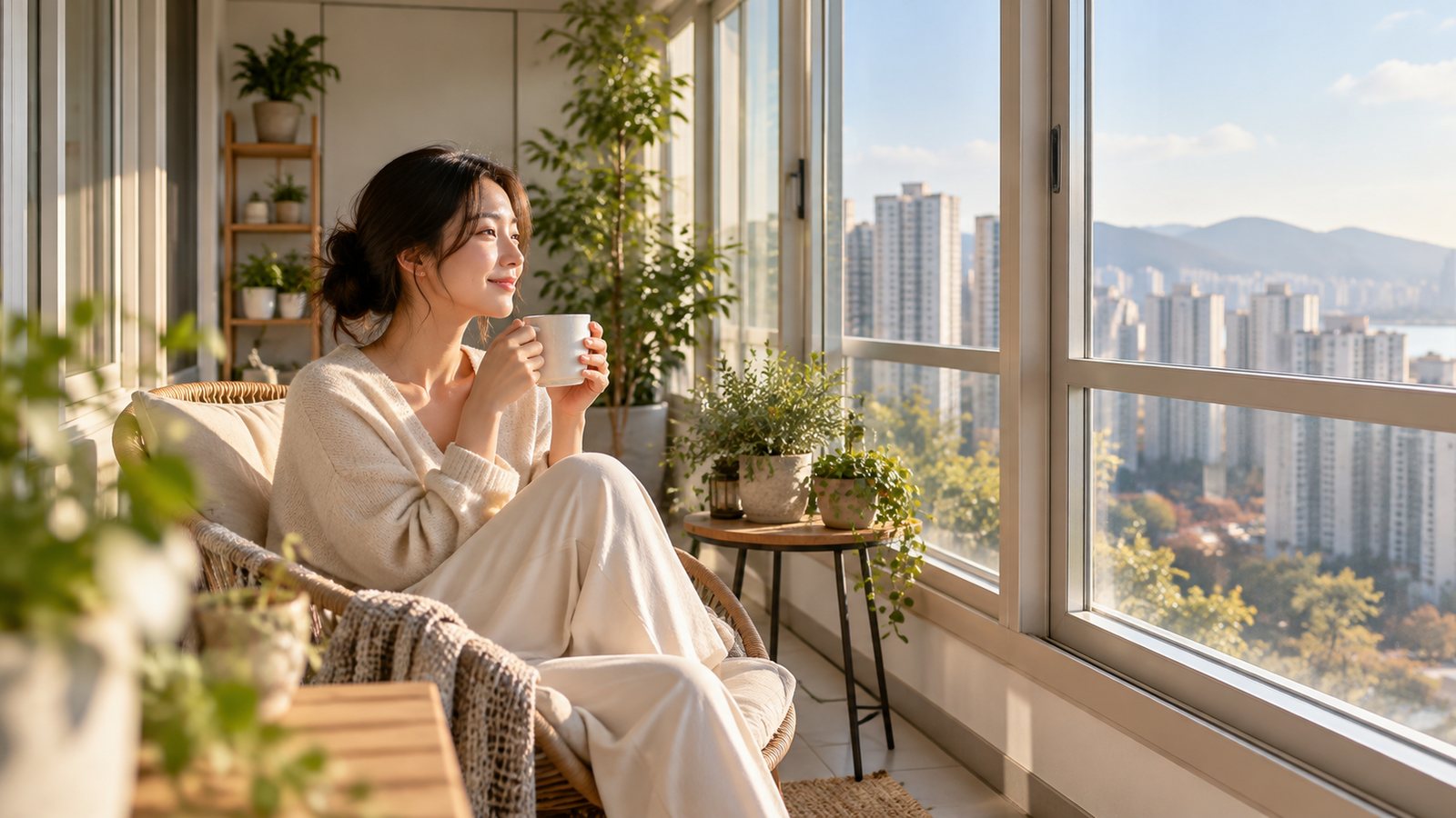 햇빛 드는 창가에서 차를 마시는 입주민 — 남향 생활을 떠올리게 하는 이미지